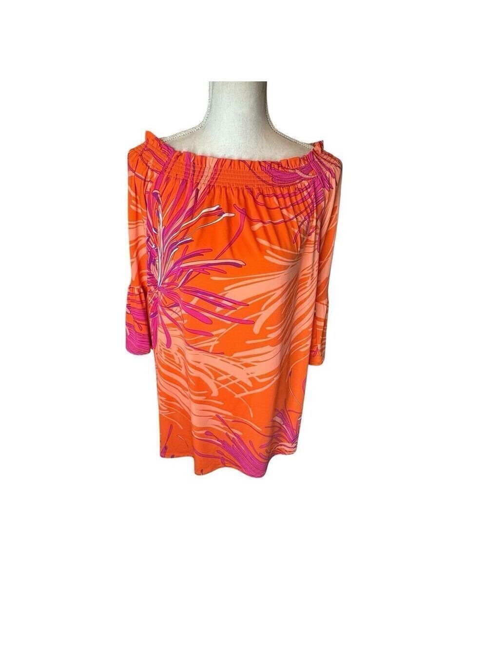 Trina Turk Orange and Pink Floral Off-Shoulder Midi Dress